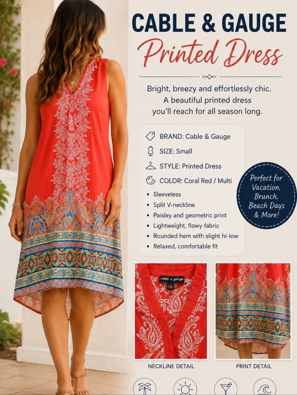 Cable & Gauge Coral Red Paisley-Trim Sleeveless Dress